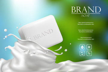 Soap advertisement design. Vector wash soap background. Laundry detergent package design banner
