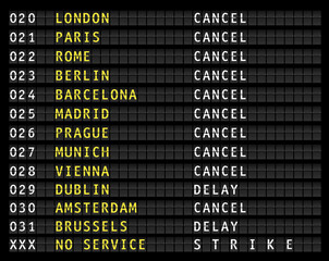 Fototapeta premium Flight information on airport information display, canceled flights, strike, vector