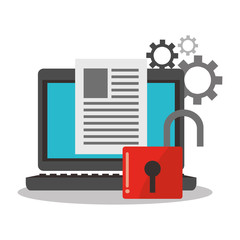 laptop computer with business and network related icons over white background. colorful design. vector illustration