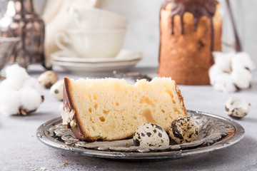 Easter orthodox sweet bread kulich, sliced, with chocolate glaze.