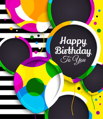 Happy birthday greeting card. Paper balloons with colorful borders. Drops color on background. Vector illustration.