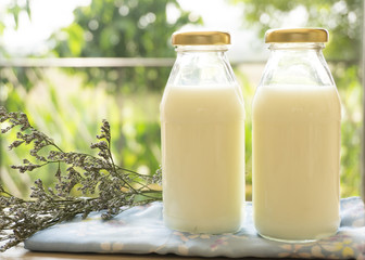 two glass milk bottle with flower on lught blue napkin in front of garden view with morning light