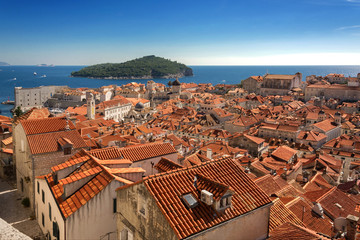 Old Town Dubrovnik and Lokrum Island view from Dubrovnik City Walls - obrazy, fototapety, plakaty