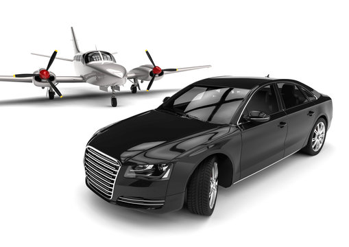 Private plane with a Luxury Car / 3D render image representing an private plane with a luxury car