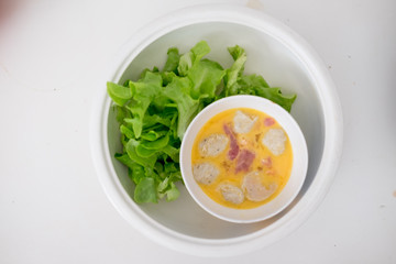 Thai style hot pot homemade, egg, meat and lettuce