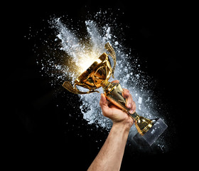 Man holding up a gold trophy cup
