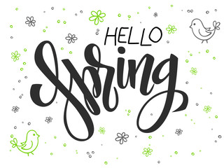 vector hand lettering greetings text - hello spring with doodle flowers, bird and bubbles