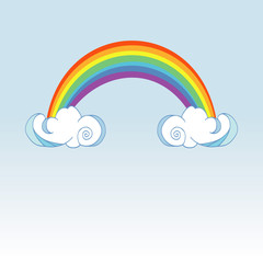 Rainbow and raining clouds on color background. Cute cloud poster design for baby room decor, kids cloth decoration.