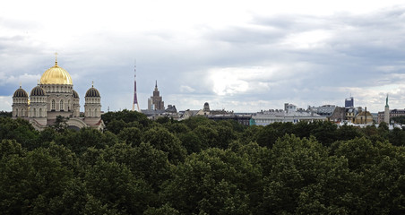 Riga, a panoramic view towards the old city and the Orthodox Cathedral.