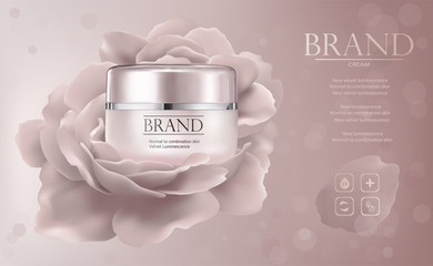 Moisturizing cosmetic products ad,vector promo sample with creme jar and flower 3d illustration