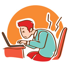 The red hair working man has back pain from office syndrome while using laptop on table
