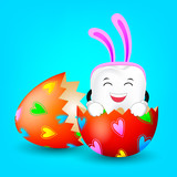 Tooth chareacter inside a cracked easter egg. Illustration isolated on blue background. Happy Easter concept.