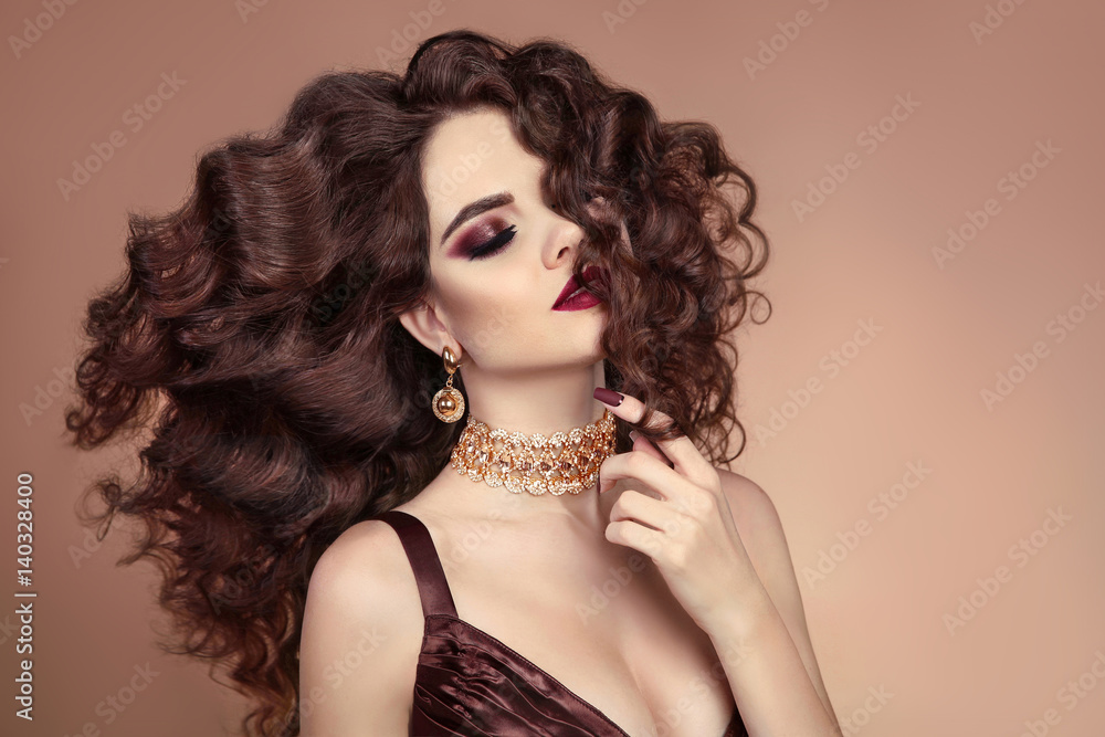 Wall mural beautiful hair. healthy hairstyle. brunette girl portrait. beauty eye makeup. fashionable sexy woman