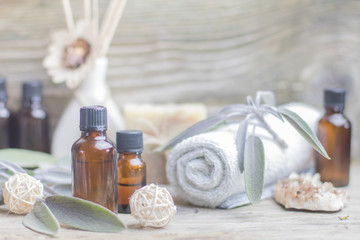 Essential oil sage towel spa. Dry Medical Herb Phytotherapy Aromatherapy concept.