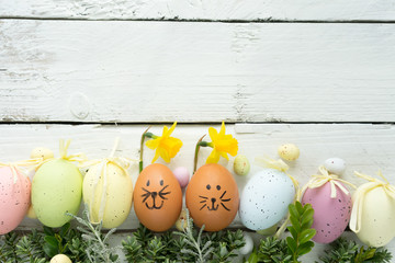 easter theme background eggs bunny nest daffodils symbol spring