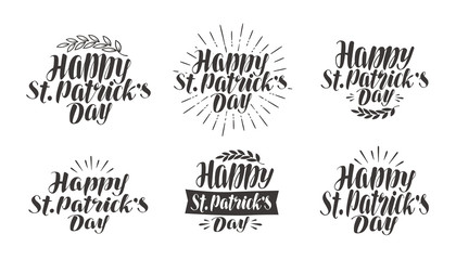 Happy St. Patrick's Day, greeting card. Holiday icons, label set. Lettering, calligraphy vector illustration