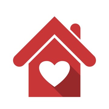 Red house icon with heart isolated on white