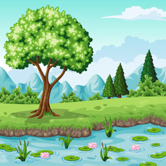 Illustration of a summer landscape with trees