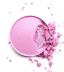 Round pink crashed powder for make up as sample of cosmetics product isolated on white background