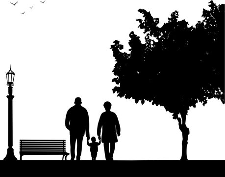 Grandmother And Grandfather Walking With Grandchild In Park, One In The Series Of Similar Images Silhouette