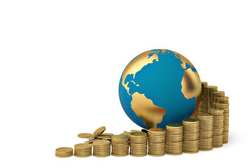 Golden globe with stack of gold coins.3D illustration.