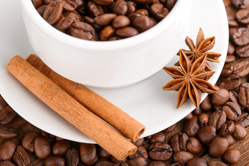 Coffee beans and cinnamon on a background of burlap. Roasted coffee beans background close up. Coffee beans pile from top with copy space for text. Seasoning. Spice. Cinnamon. Badian. Coffee house.