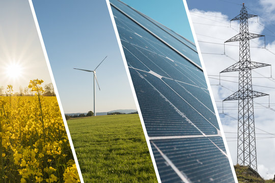 &Ouml;kologische Energie Hintergrund mit Solarpanel, Windm&uuml;hle, Rapsfeld und Strommasten - Nachhaltige Energie Collage
