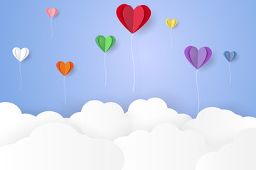 Plakat Colorful heart balloons flying over cloud , paper art style