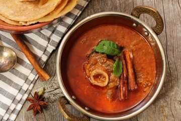 Rogan Josh / Kashmiri Lamb curry served in a Kadai, selective focus