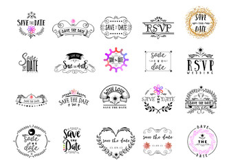 Badge as part of the design - Save the Date Sticker, stamp, logo - for design, hands made. With the use of floral elements, calligraphy and lettering
