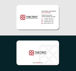 white business card with square logo, red color