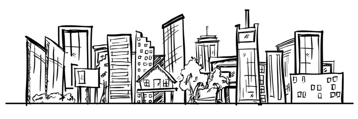 Cartoon hand drawing city. Vector on white background.