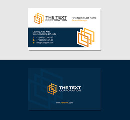 dark blue business card with three colored squares