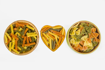 Variety of pasta in three bowls