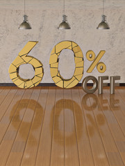 Metal discount text in room with wooden floor.3D illustration.