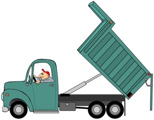 Illustration of a man driving a dump truck with its bed raised. © Dennis Cox