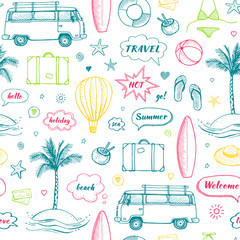 Vector seamless pattern of hand drawn travel doodle. Tourism and summer sketch with travelling elements and speech bubbles