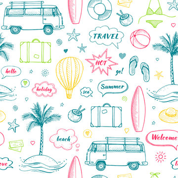 Vector seamless pattern of hand drawn travel doodle. Tourism and summer sketch with travelling elements and speech bubbles