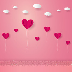 Valentines day , Illustration of love , Heart balloons flying over grass with clouds , paper art style
