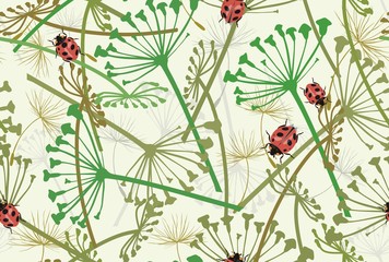 Seamless pattern with ladybirds and leaves. Vector illustration.