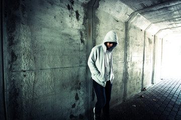 Homeless person on the street ,Stranger person in tunnel