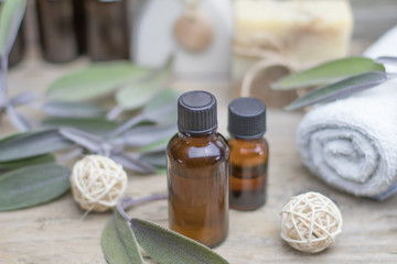 Essential oil sage towel spa. Dry Medical Herb Phytotherapy Aromatherapy concept.