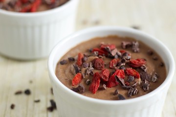 Healthy pudding made from the cauliflower, with cocoa nibs and goji berries.