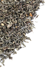 Heap of dry tea on white background