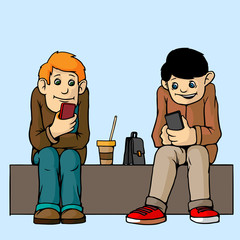 Young people isolated. Sit on the bench. Attention to each other do not pay. Listen to music, chatting on the Internet.