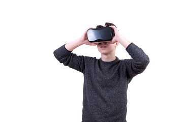 The man with glasses of virtual reality on white isolated background.