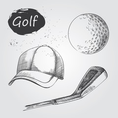 Set of Hand drawn Golf items with club, ball and cap sketches isolated on white background. Sport items in sketch style, vector illustration.