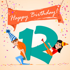 confused boy holding the number 12 on a colorful background. banner Happy Birthday. vector illustration.