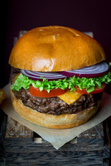 fresh beef grilled burger hamburger salad isolated space text real meat men food beer