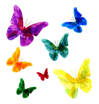 Set of silhouettes of butterflies with a watercolor texture. Vector illustration